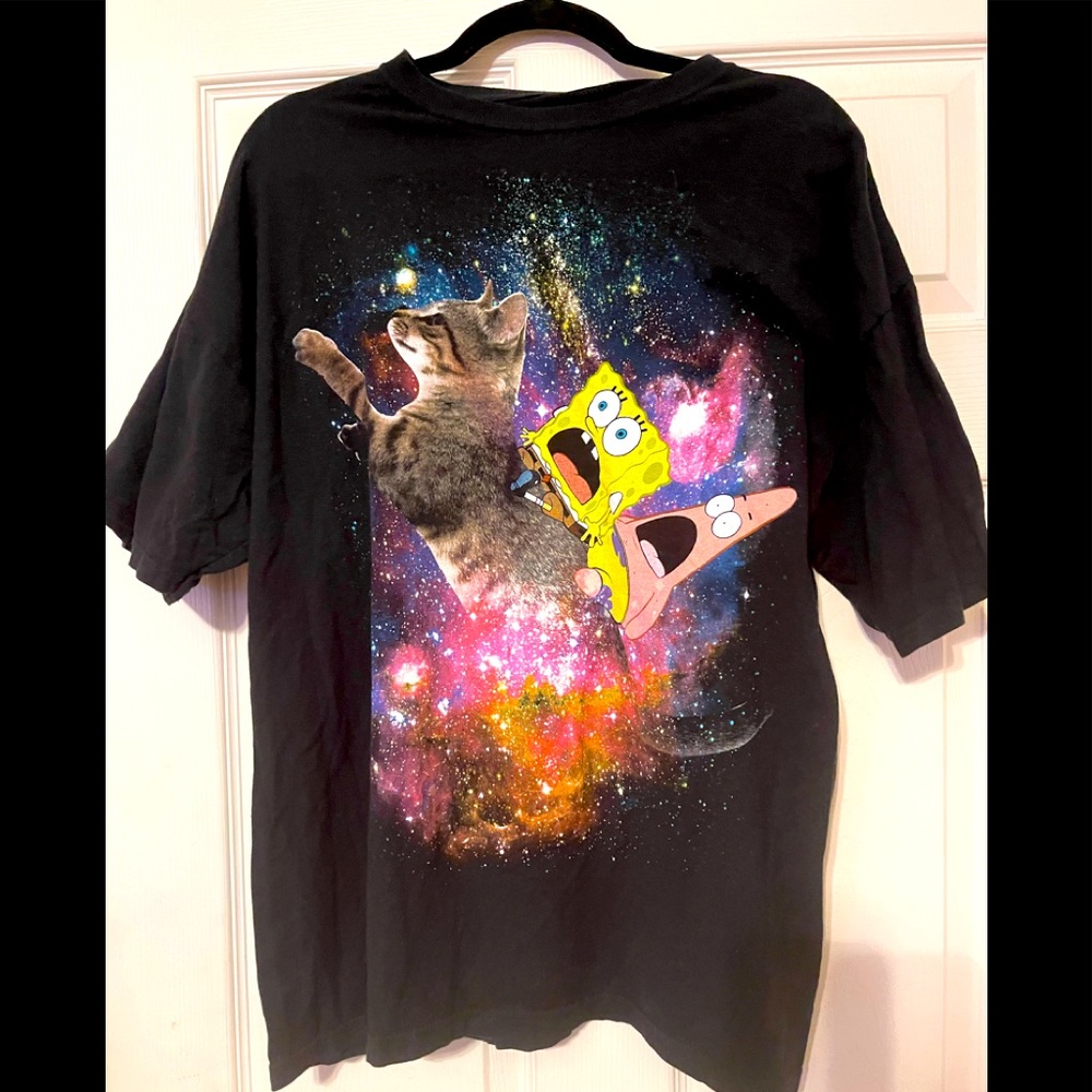 Nickelodeon Spongebob Squarepants & Patrick On A Cat in a Galaxy XL Mens T-shirt